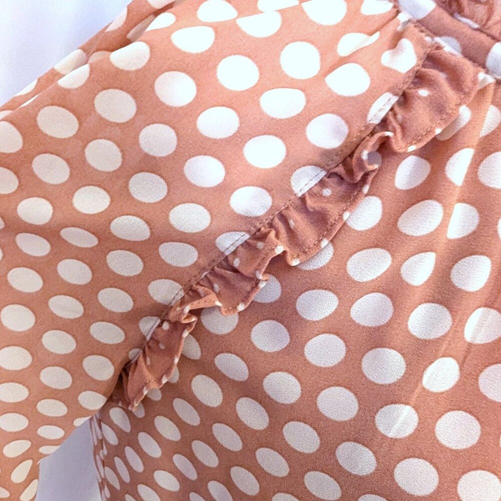 Rose + Olive | Pink Long Sleeve Ruffle Collar Polka Dot Blouse | Size Small - Picture 5 of 13